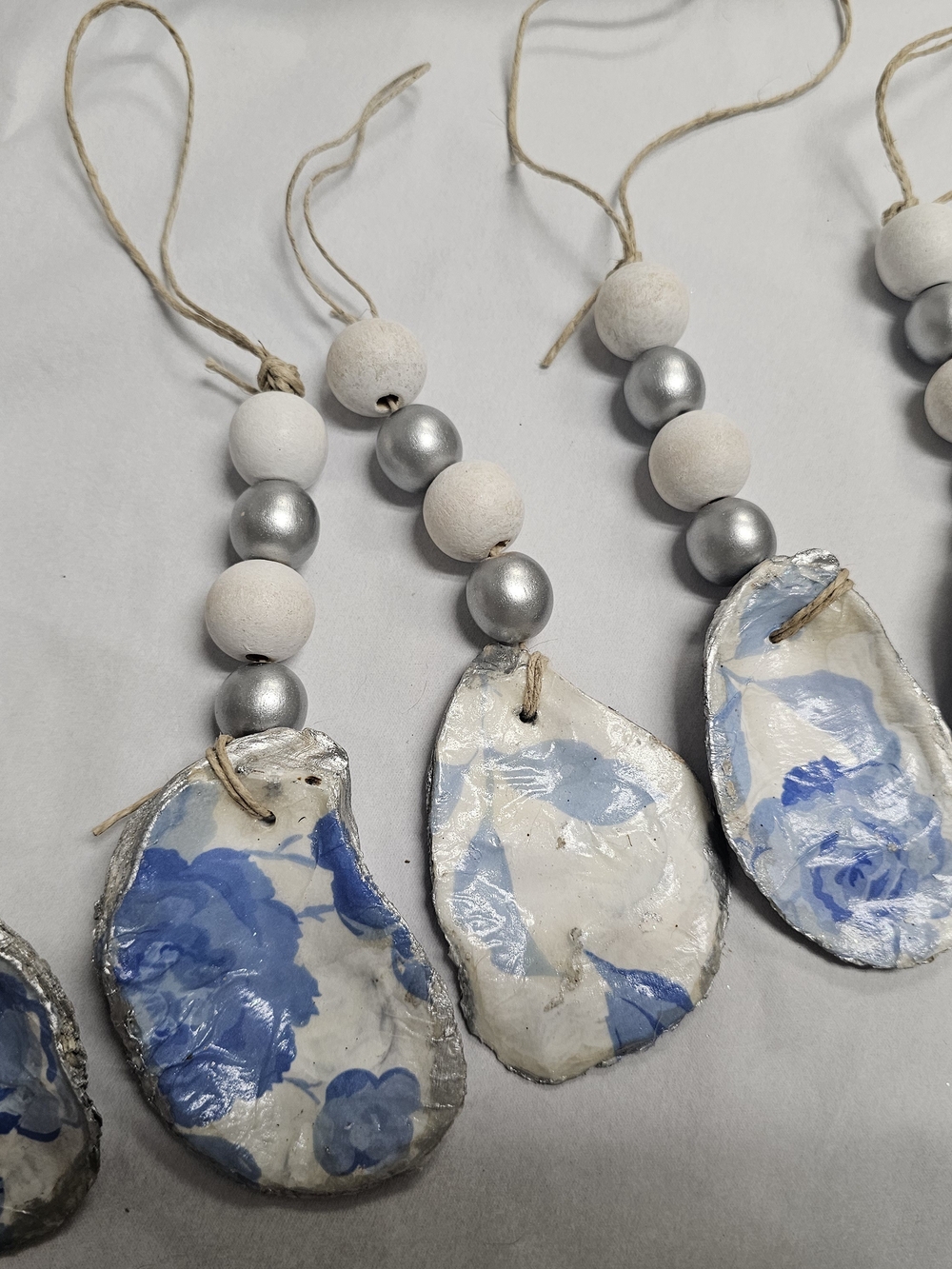 Handmade Blue Floral Oyster Shell Ornaments with Bead Tassels